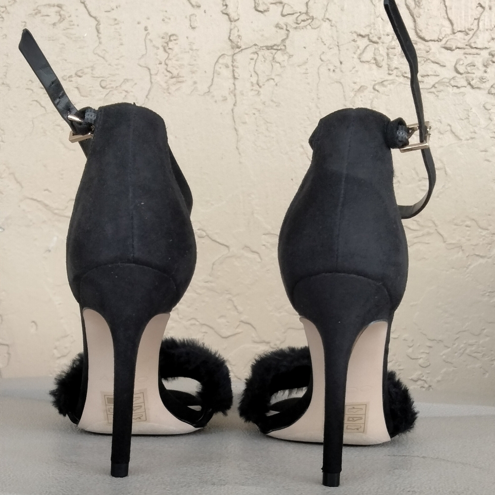 ALDO "Lalisa" Black Fur-Trim Ankle Strap Heels - Picture 3 of 3